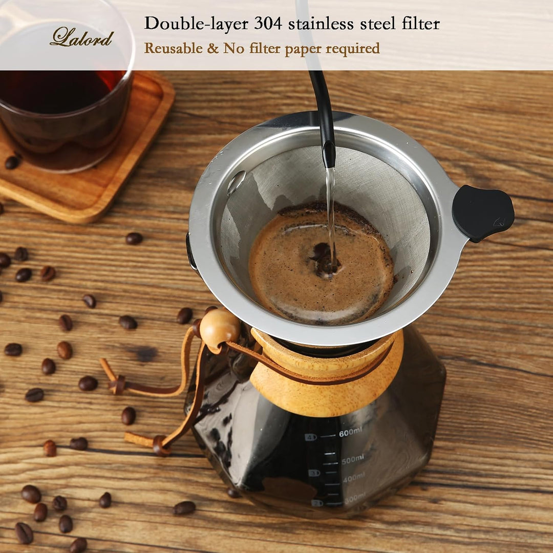 Lalord Pour Over Kaffeebereiter mit Edelstahlfilter, 600 ml Borosilikatglas Kaffeekaraffe, Holzkrage