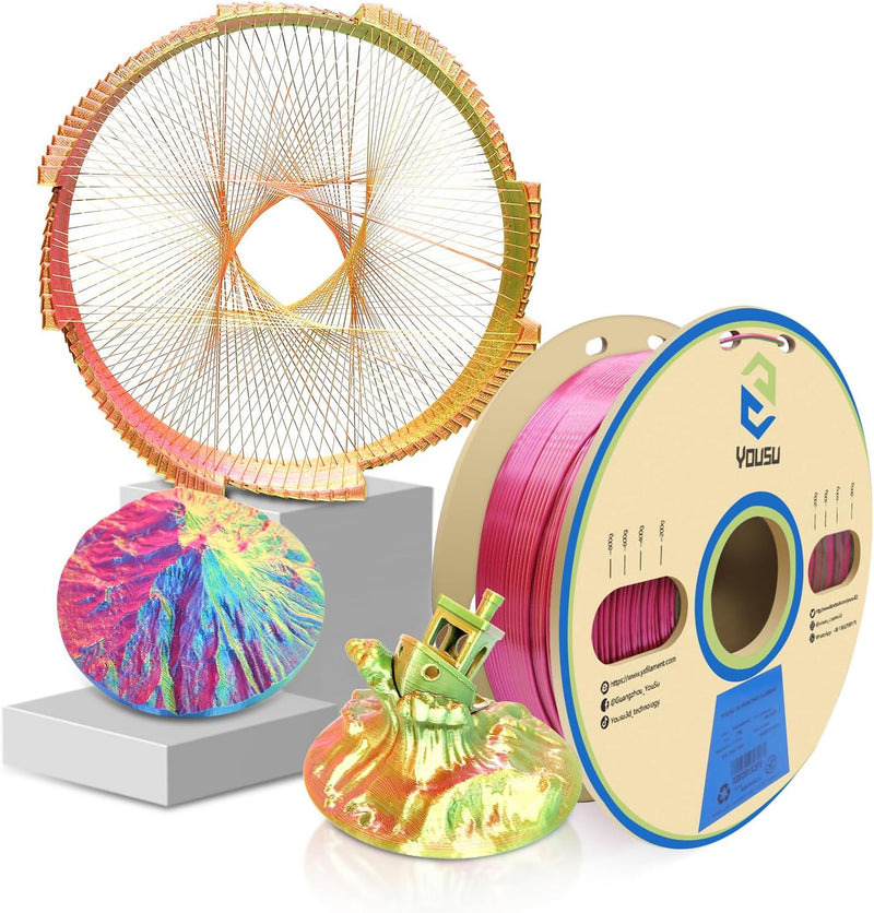 YOUSU Dreifarbiges PLA Filament,3D Drucker Filament 1,75 mm (± 0,03 mm), Seiden Gold/Grün/Rosa Dreif