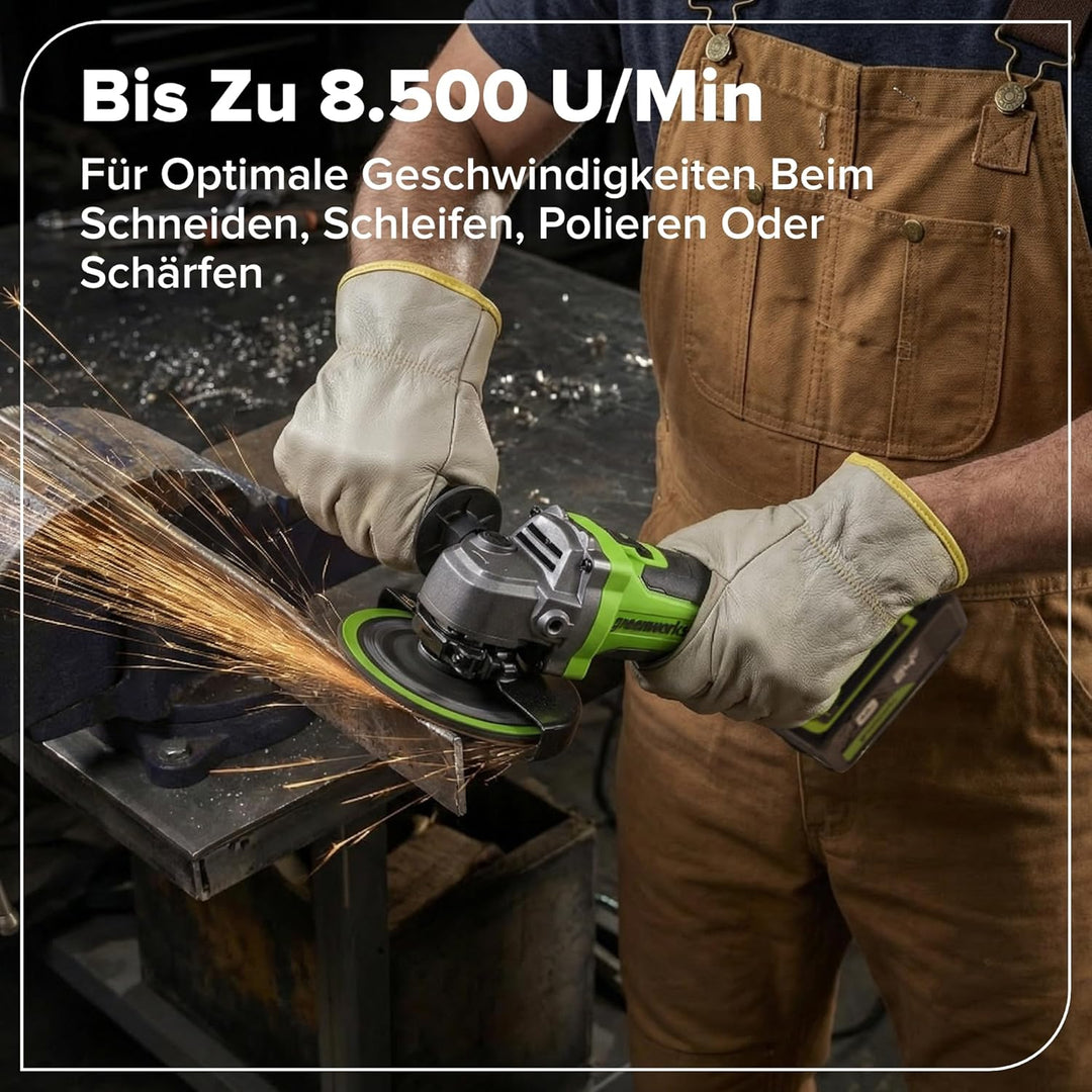 Greenworks 24V Akku-Winkelschleifer, 125 mm Scheibe, 8500 U/min, 700 W bürstenloser Motor, links- un