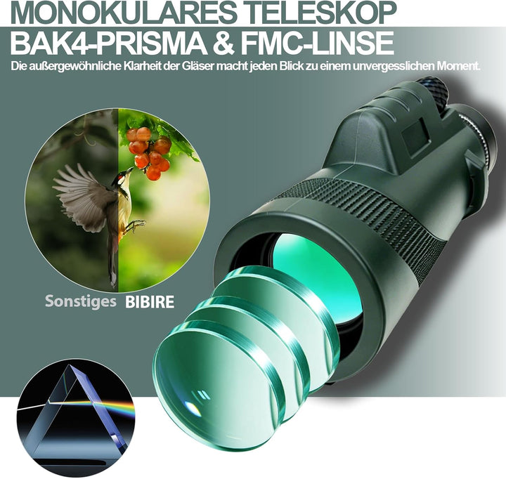 BIBIRE 40x60 Monokular-Fernrohr für Erwachsene, hochvergrössernd | Monokular mit Smartphone-Adapter