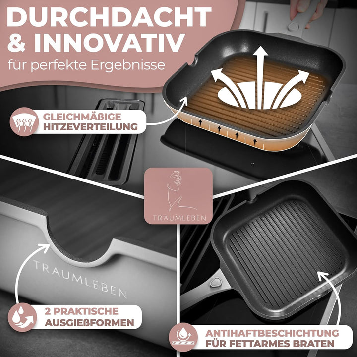 NEU Grillpfanne 28 cm mit Ausguss &amp; abnehmbarem Griff, Antihaftbeschichtung, PFOA-frei, für Induktio