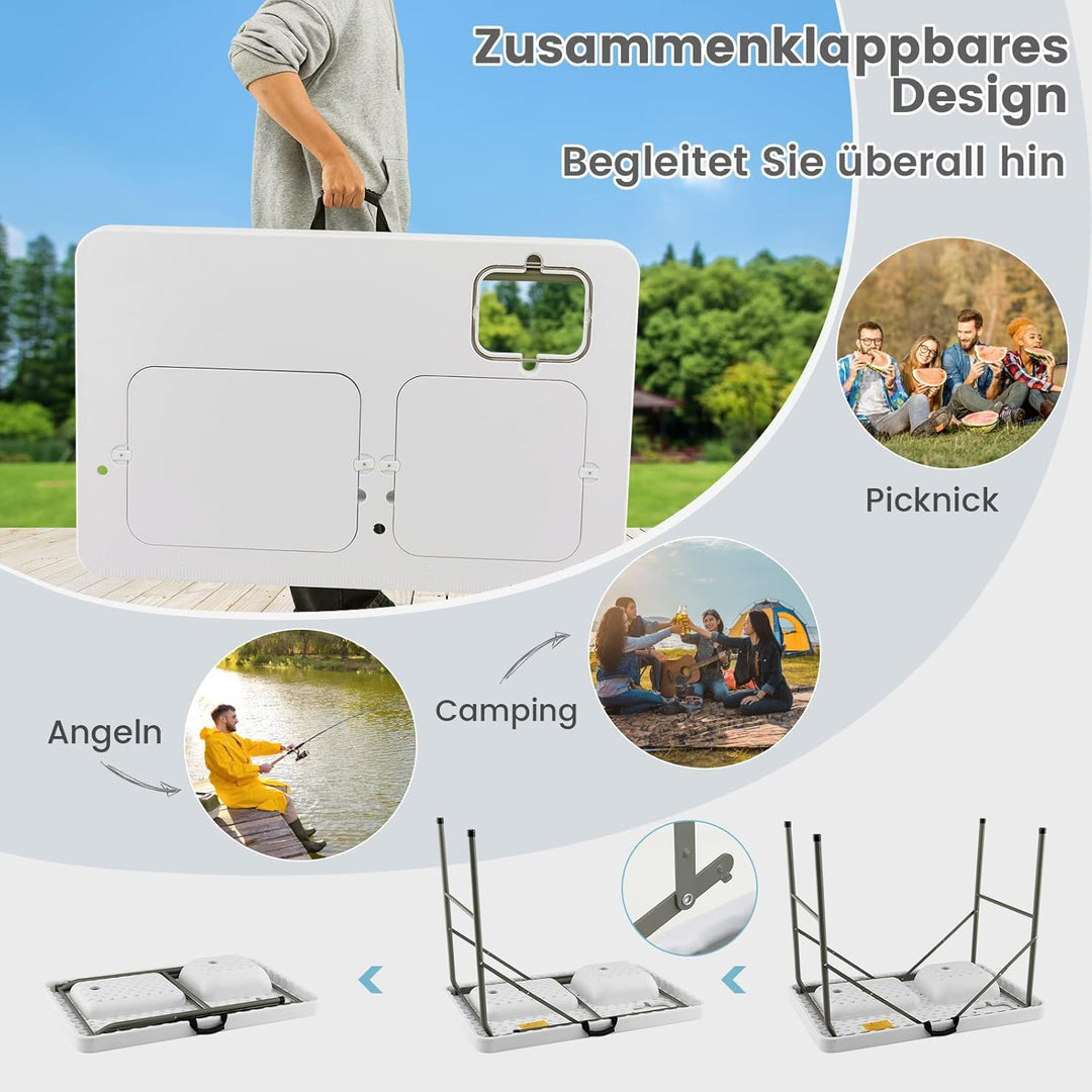 GYMAX Campingtisch mit 2 Spülen & Wasserhahn & Abfallkorb Filetiertisch Klappbar mit Messskala Garte