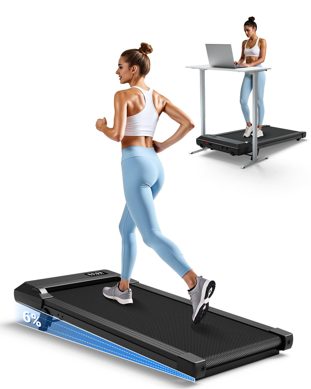 DeerRun Walking Pad mit 6% Steigung, Unter Schreibtisch Laufband für Home Office und Zuhause, Kompak