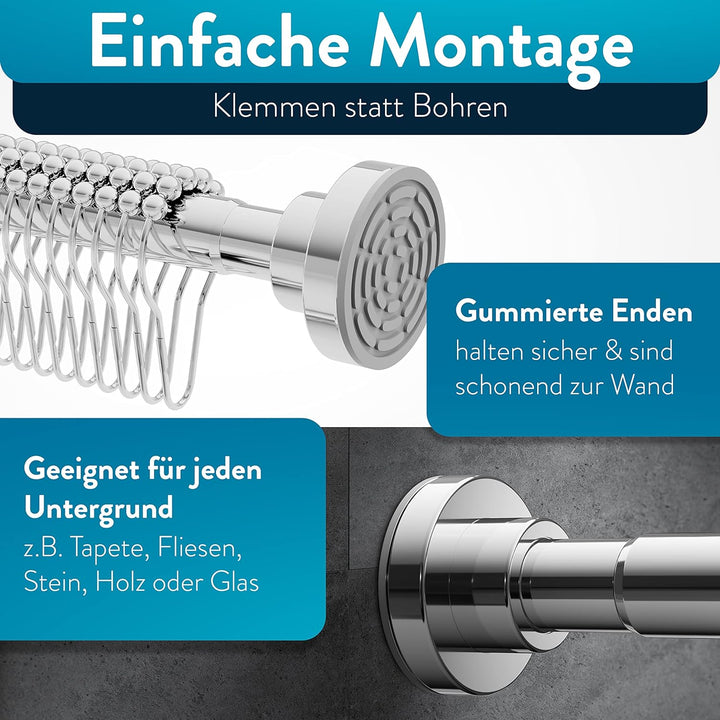 Benkstein® ausziehbare Duschstange ohne Bohren 125-220 cm - Edelstahl Duschvorhangstange 12 Ringe -