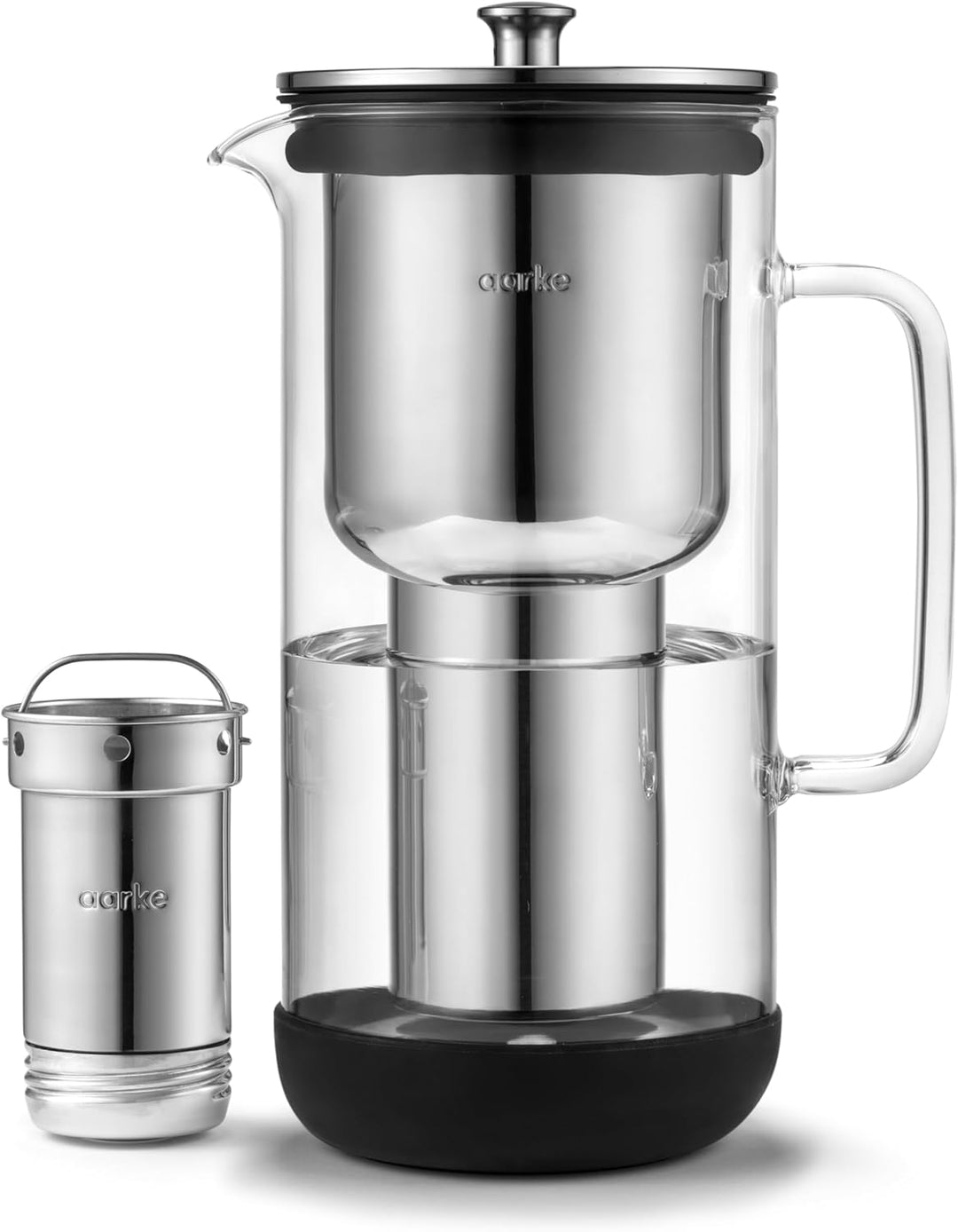 Aarke Purifier, Wasserfilterkanne aus Glas und Edelstahl (2,4 L / 10 Tassen) + 3er-Pack Enriched Fil