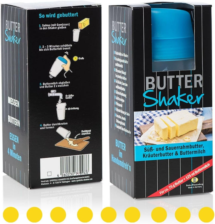 Butter Machen im patentierten Butter-Shaker. 200 ml Sahne ergeben 75g Butter + 125 ml Buttermilch. E
