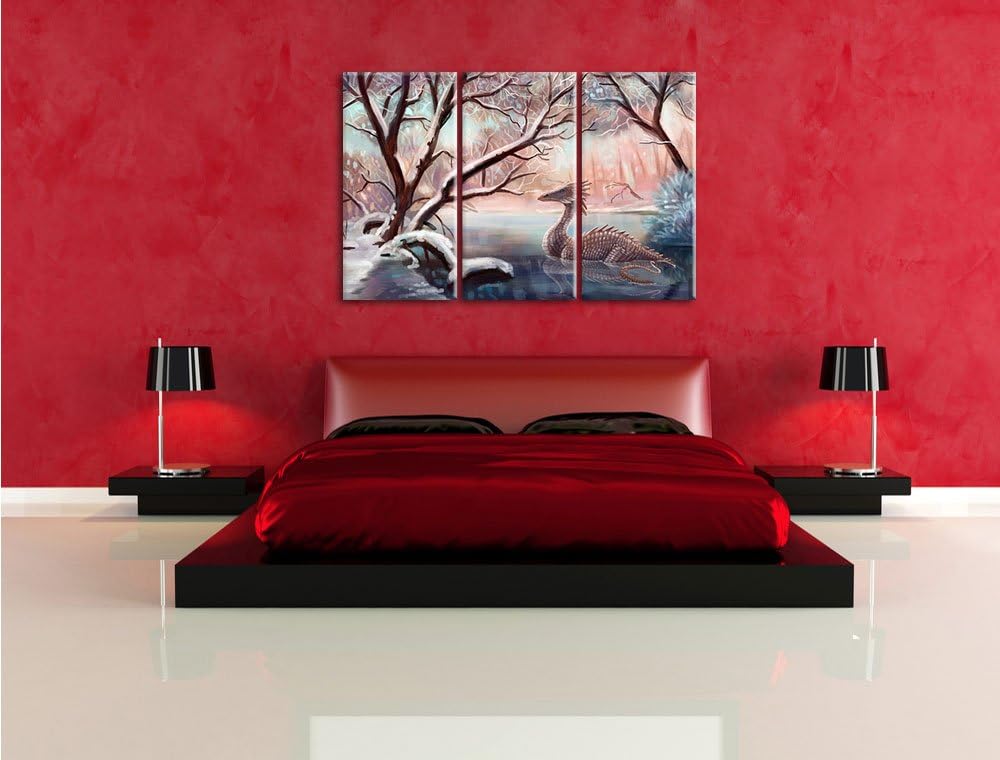 Pixxprint Drache im schneebedeckten Wald als Leinwandbild - Grösse: 3-Teilig (120x80cm) - Wandbild -