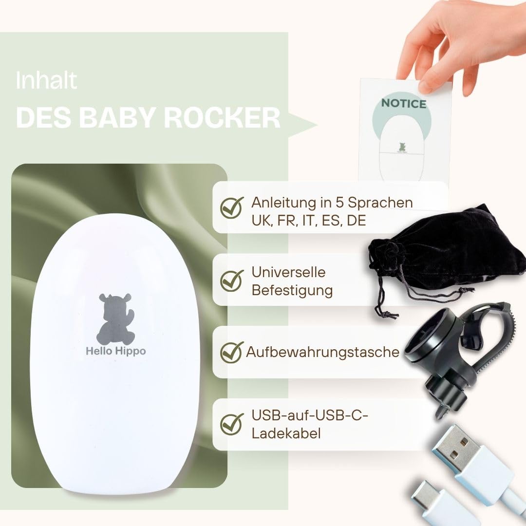 Hello Hippo – Baby Rocker Kinderwagenschaukler, Wiederaufladbar USB-C, Für Kinderwagen, Babywannen &amp;