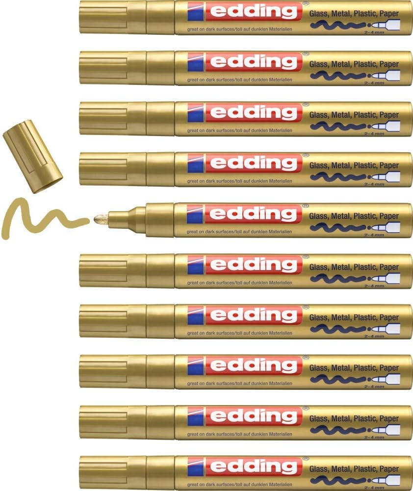 edding 750 Glanzlackmarker - gold - 10 Lackmarker - Rundspitze 2-4 mm - Lackstift für Glas, Stein, H