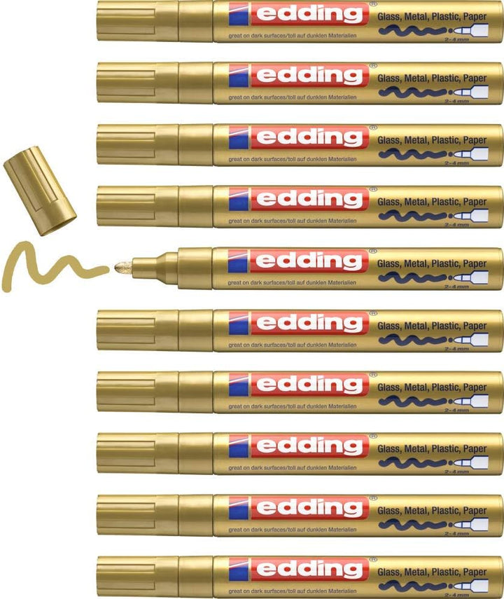 edding 750 Glanzlackmarker - gold - 10 Lackmarker - Rundspitze 2-4 mm - Lackstift für Glas, Stein, H