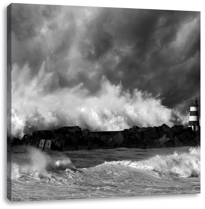 Pixxprint Tobendes Meer mit Leuchtturm Schwarz/Weiss, Format: 70x70 auf Leinwand, 70x70