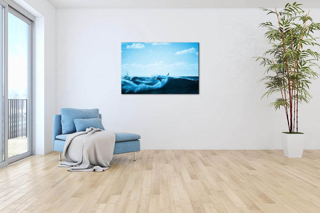 deyoli cooler Surfer beim Wellenreiten Format 80x60 Effekt: Monocrome Blau als Leinwandbild, Motiv f