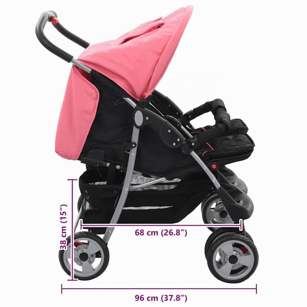 vidaXL Zwillingswagen Kinderwagen Geschwisterwagen Zwillingsbuggy Baby Kleinkinder Rosa Schwarz Stah