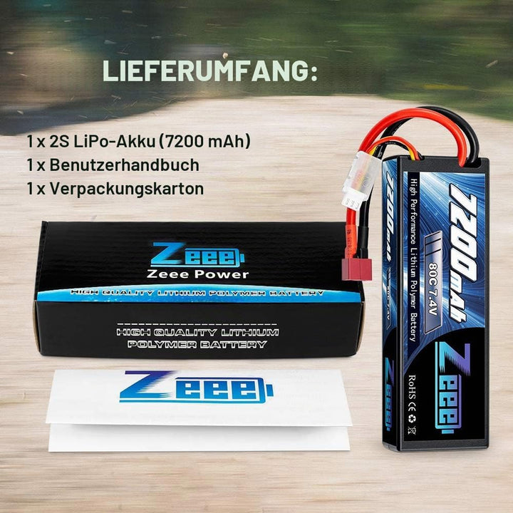 Zeee 2S Lipo Akku 7,4V 80C 7200mAh Hardcase Batterie mit T Stecker für RC Car RC Truck RC Auto Boot