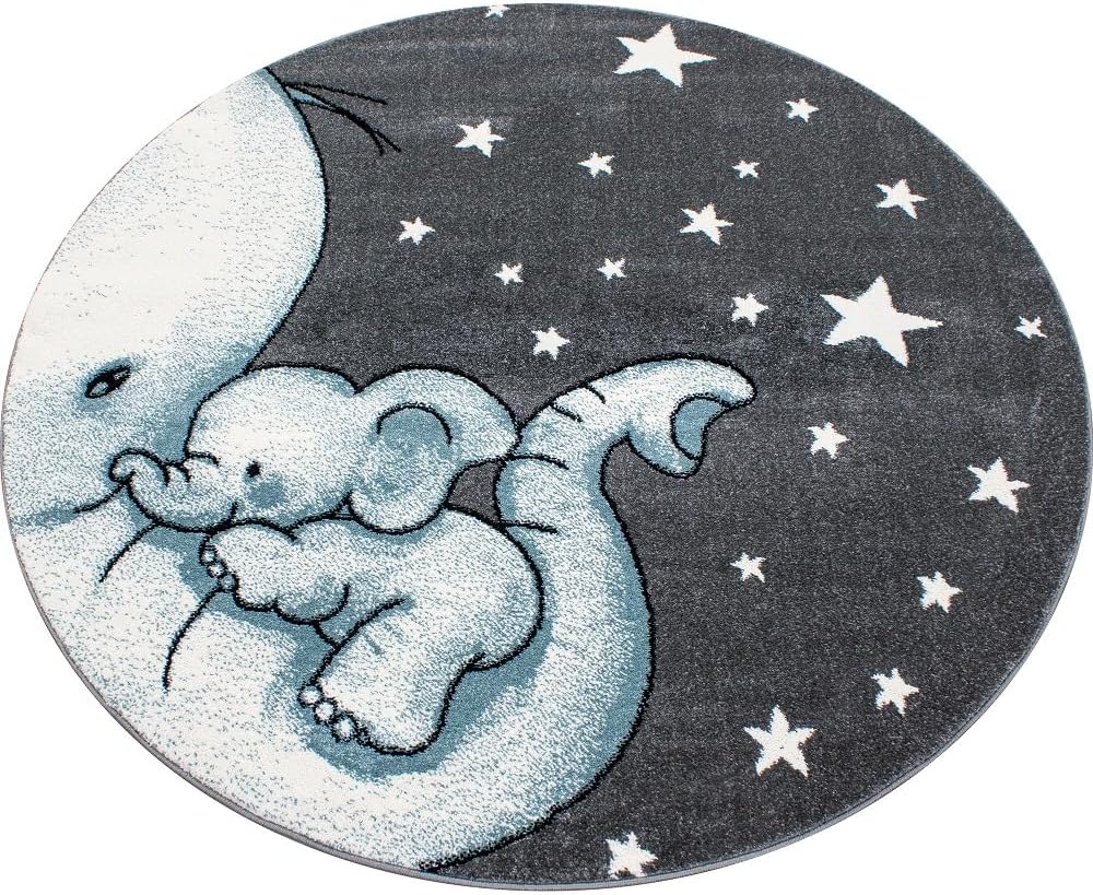 Kinderteppich für Jungen und Mädchen Elefant Muster 120 cm Rund Blau - Kurzflor Waschbarer Teppich E