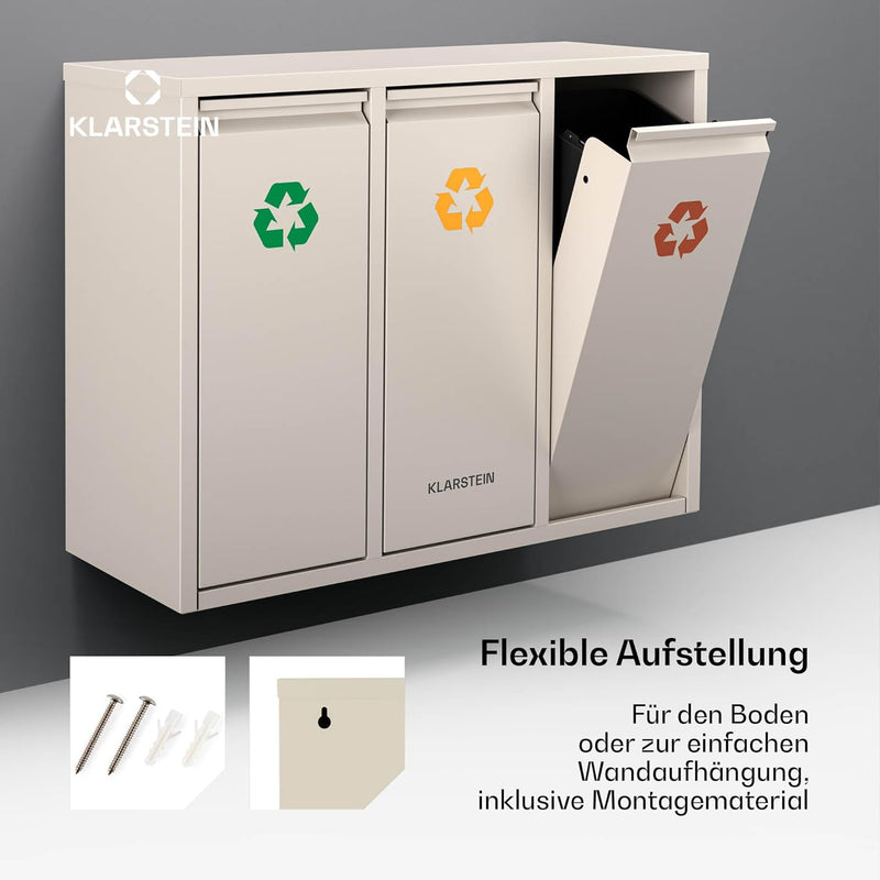 Klarstein Ordnungshüter 3 in 1 Mülleimer - 45L Abfalleimer Küche mit 3x15L Trennsystem, Edelstahl, G