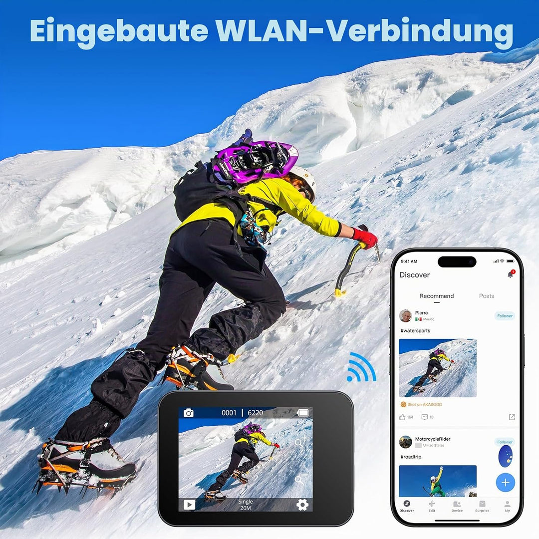 AKASO Action cam/Unterwasserkamera 4K WiFi 40M EIS Anti-Shake Action Kamera 4X Zoom mit Touchscreen,