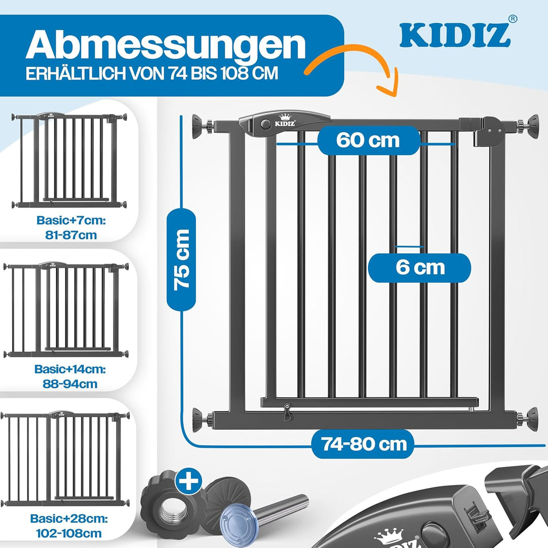KIDIZ Treppenschutzgitter ohne Bohren | Verstellbare Breite: 74-80 cm, 75 cm hoch, Türschutzgitter u