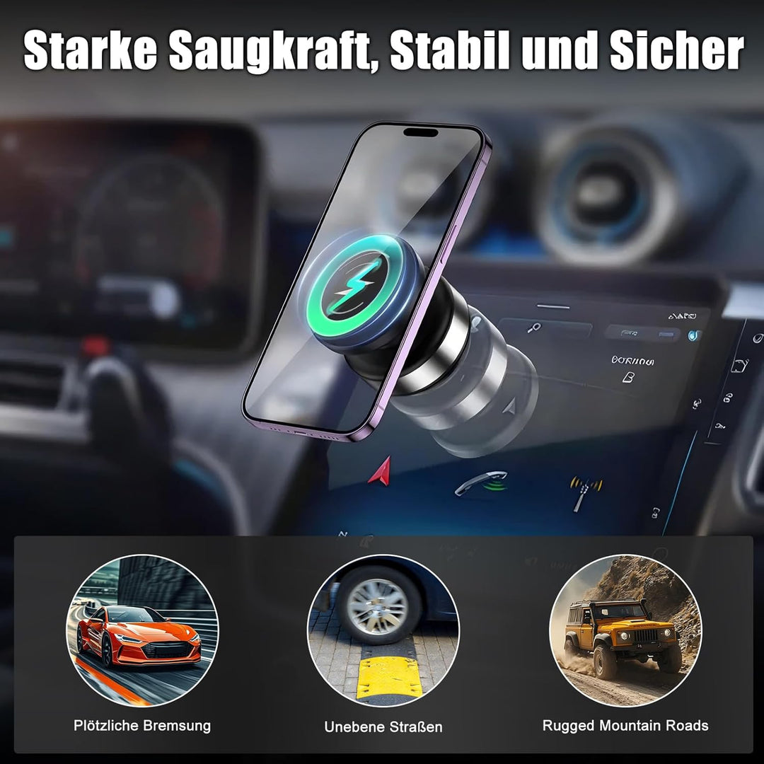 15W Wireless Charger Handyhalterung Auto – Magnetisch mit Elektrischem Vakuum-Saugfuss, 360° Kugelge