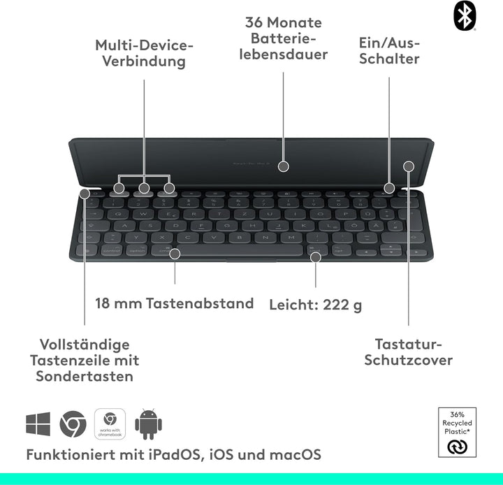 Logitech Keys-to-GO 2 Mobile Bluetooth-Tastatur + Pebble Mouse 2 Bluetooth-Maus M350s, leichtes kabe