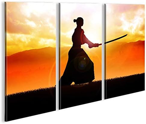 islandburner Bild Bilder auf Leinwand Samurai Kämpfer im Sonnenuntergang 3p XXL Poster Leinwandbild