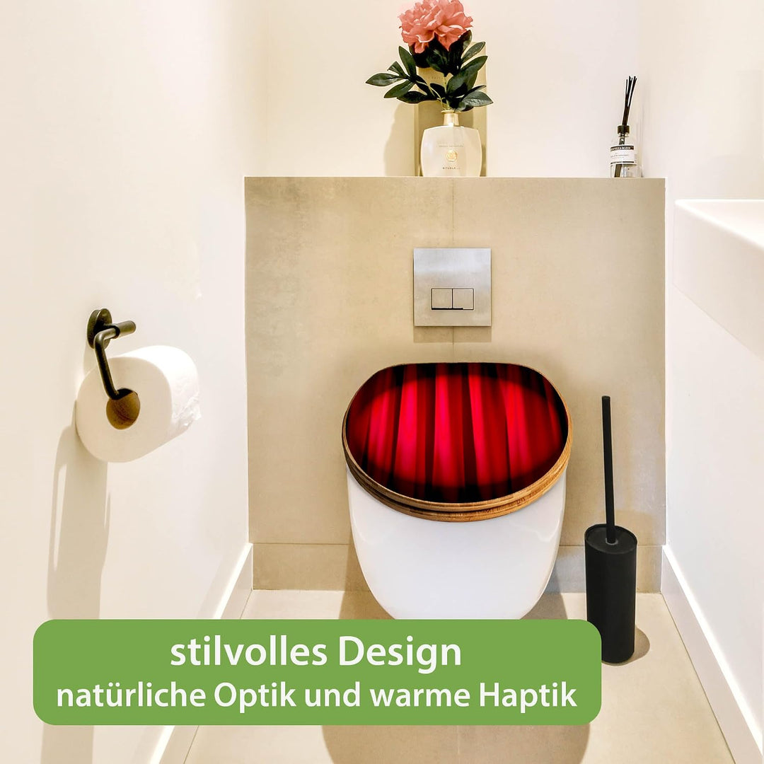 banjado® Design WC Sitz Bambus Absenkautomatik mit Motiv Roter Vorhang/Toilettendeckel mit Absenkaut