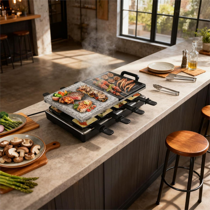 1500W Raclette Grill für 8 Personen mit Steinplatte und GrillplatteTischgrill- 8 Pfannen und Holzspa