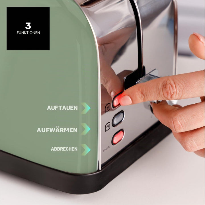 Taurus – Toaster Vintage II Olive, 950W, 2 kurze Schlitze, 7 Stufen, 3 Funktionen, Edelstahl, Zentri