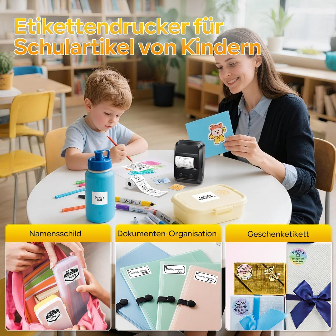 Memoking Etikettendrucker Selbstklebend, Bluetooth Label Printer mit 2000 Symbolen und 300 Vorlagen,