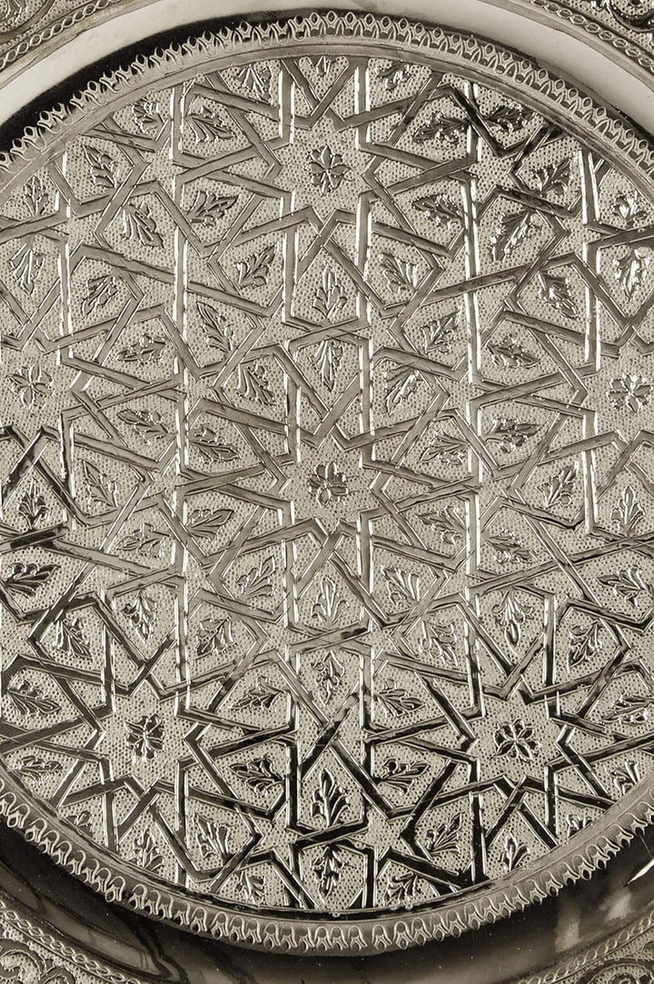 Orientalisches rundes Tablett aus Messing Mehdia 30cm Deko Silber | Marokkanisches Teetablett in der