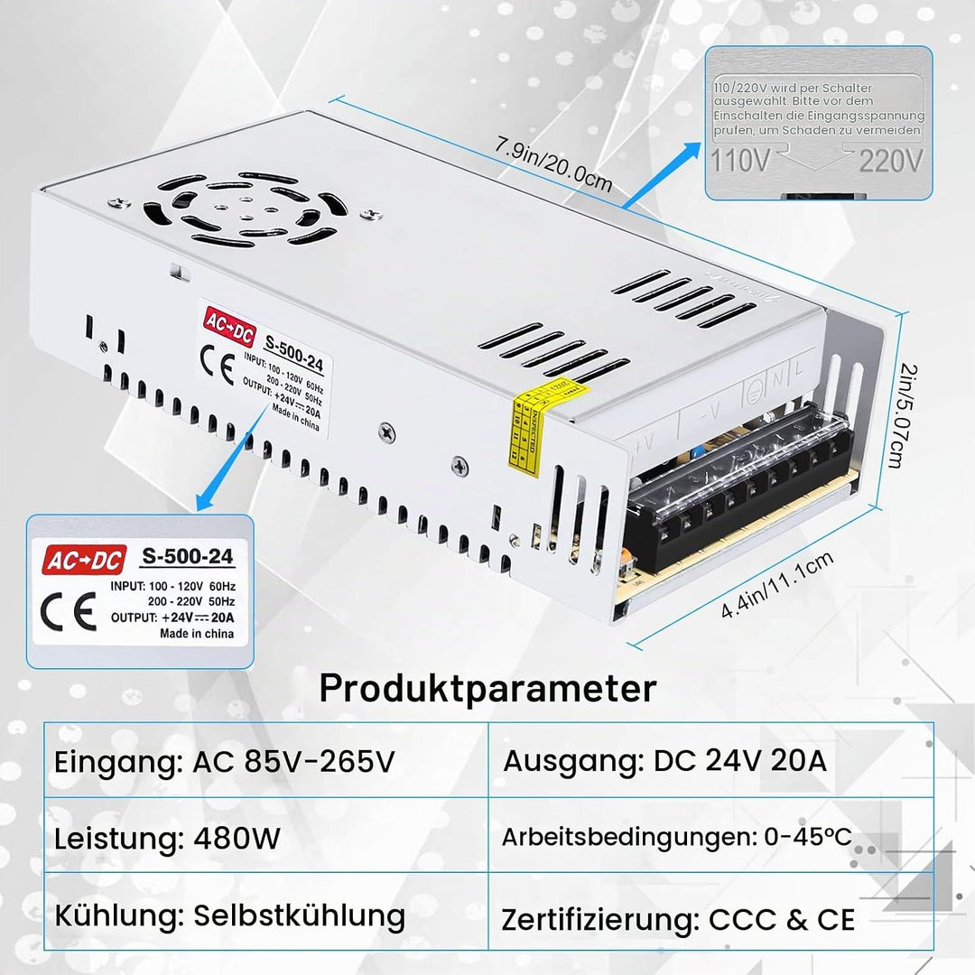 Kingwen Schaltnetzteil 24V 20A Netzteil Adapter Transformator 480W LED Trafo,Netzteil Trafo Schaltne
