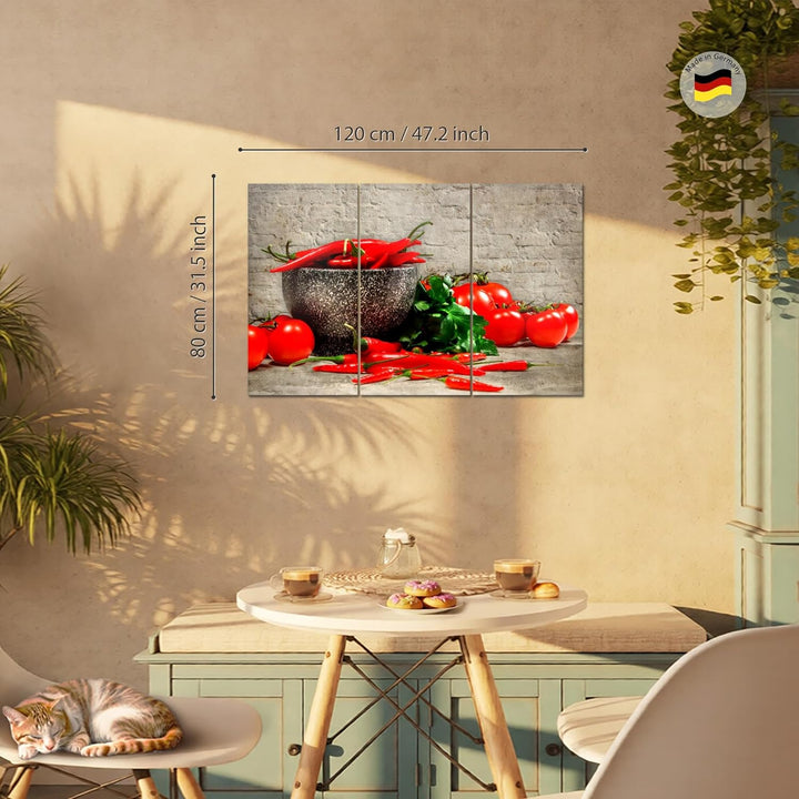 Runa Art Wandbilder Küche - Gemüse Bild XXL Esszimmer Küchenbilder Braun Rot Ziegel 120 x 80 cm 3 Te