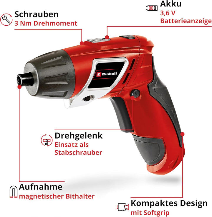 Einhell Akkuschrauber TC-SD 3,6 Li (3,6V, 1300 mAh, 3 Nm Drehmoment, Drehgelenk im Handgriff, LED-Li