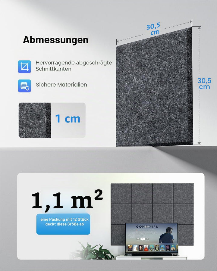 Quadratische 12 Stück Akustikplatten Selbstklebend, Schallabsorber Schallschutz Wand Hoher Dichte Sc