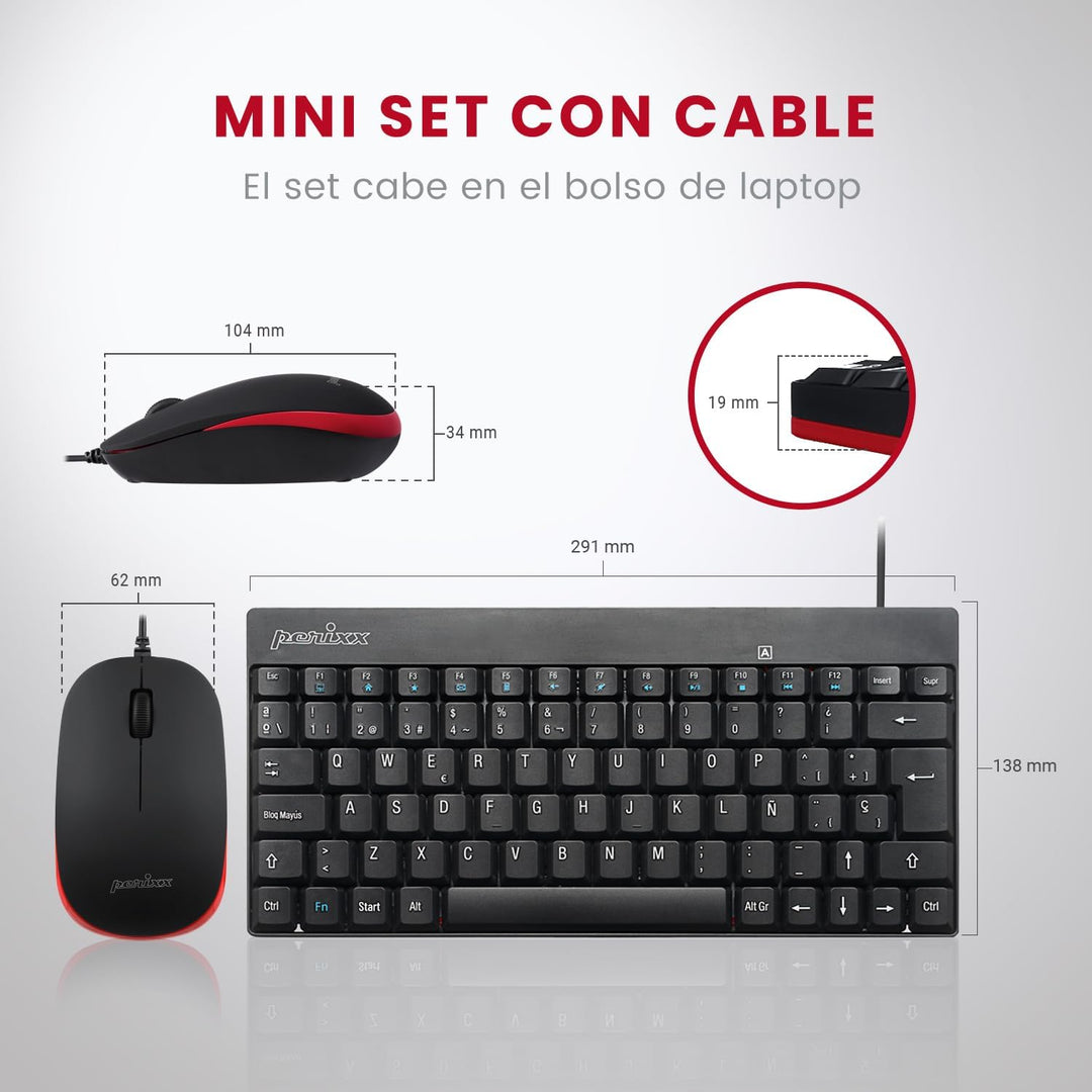 Perixx PERIDUO-212 Combo Teclado pequeño y Ratón Con Cable para Windows, 12 Teclas Multimedia, Layou