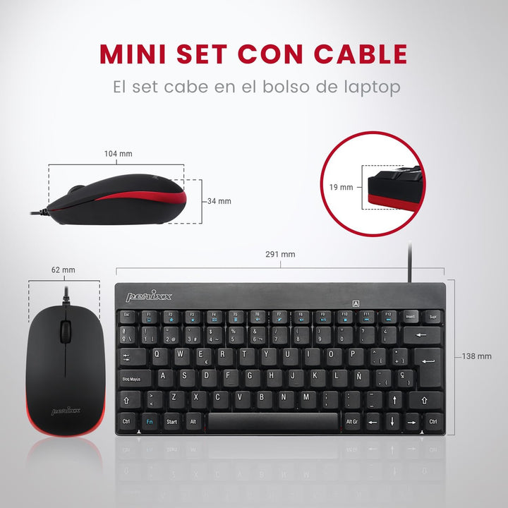 Perixx PERIDUO-212 Combo Teclado pequeño y Ratón Con Cable para Windows, 12 Teclas Multimedia, Layou
