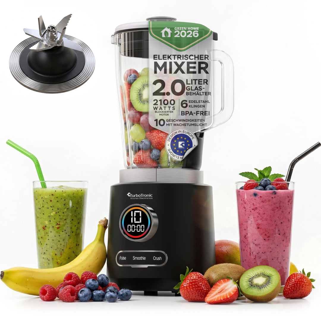 TurboTronic Standmixer - BG7-2100 Watt (25.000 RPM) mit 2,0 L Glasbehälter Edelstahl, Glas Smoothie