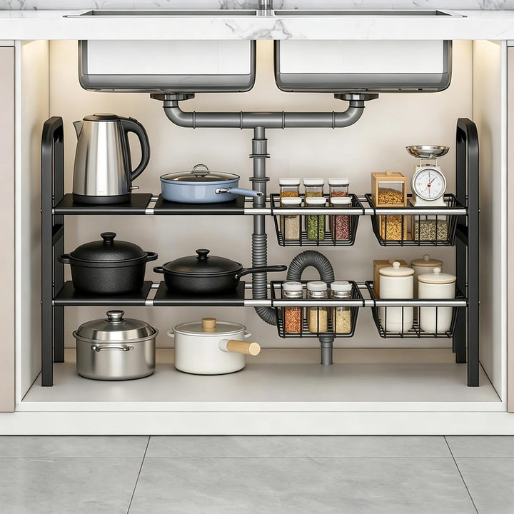 devesanter 2-stöckig Unter-Spülschrank Organizer,verstellbar 52–90 cm,4 herausnehmbare Körbe & 4 abn