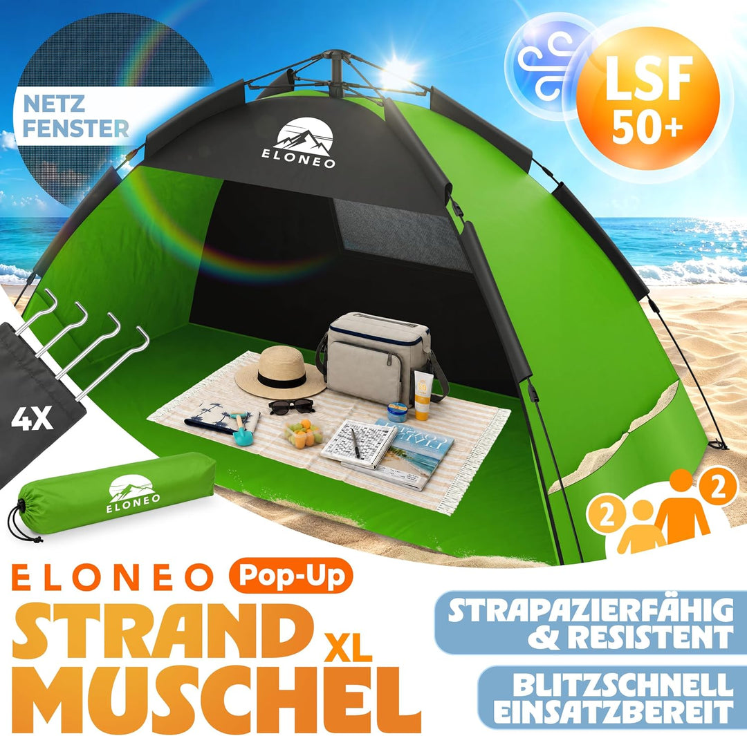 ELONEO Pop Up Strandmuschel UV Schutz 80+ | Strandzelt 190x100x110 cm | Leichter Aufbau und kleines