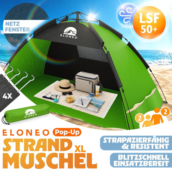 ELONEO Pop Up Strandmuschel UV Schutz 80+ | Strandzelt 190x100x110 cm | Leichter Aufbau und kleines