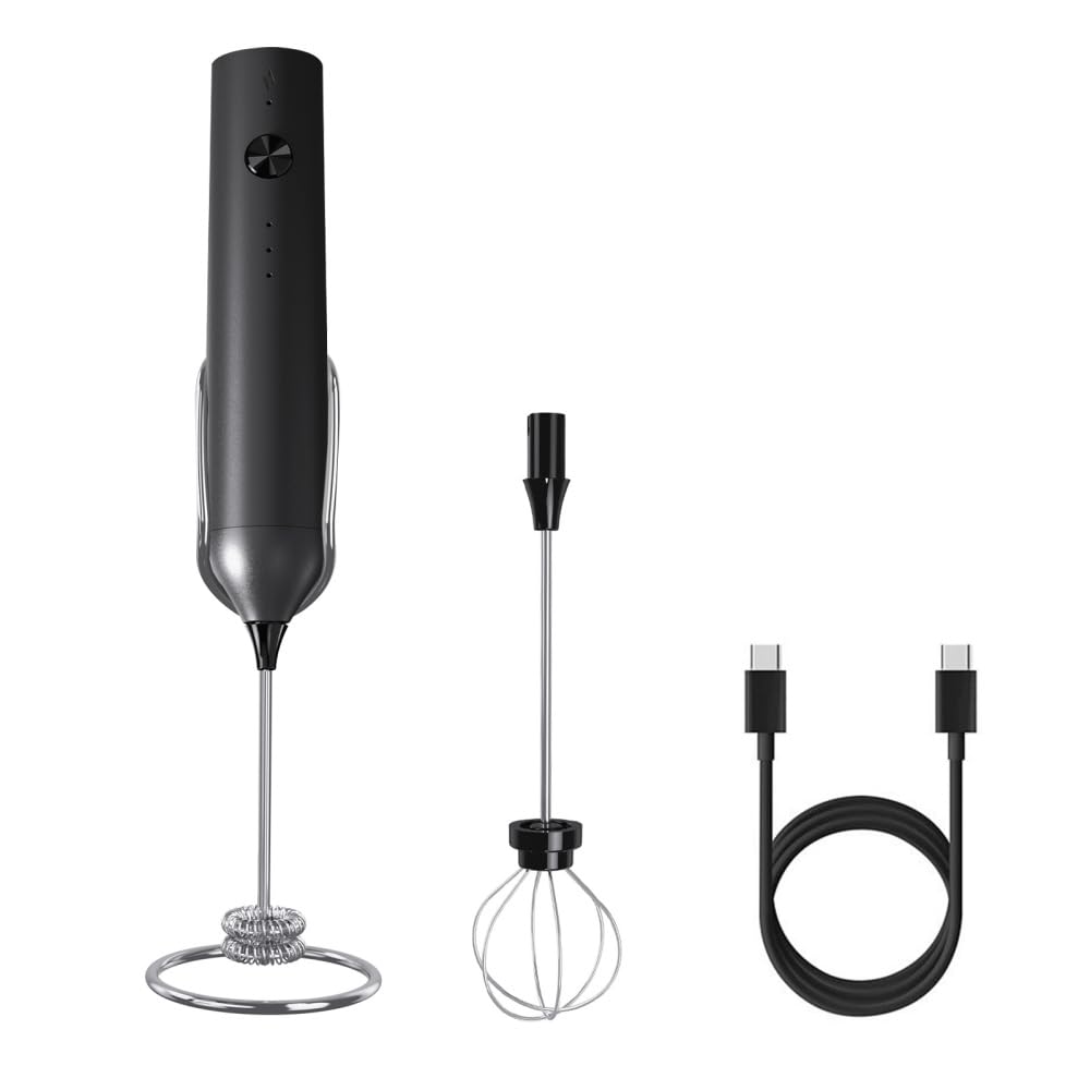 Elektrischer Milchaufschäumer, USB Wiederaufladbar Handmixer mit Doppel-Schneebesen und Ständer für
