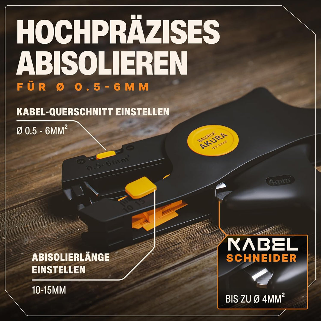 BAURIX® Abisolierzange automatisch – Abisolierwerkzeug mit Kabelschneider für Kabel 0,5–6mm² – Für E