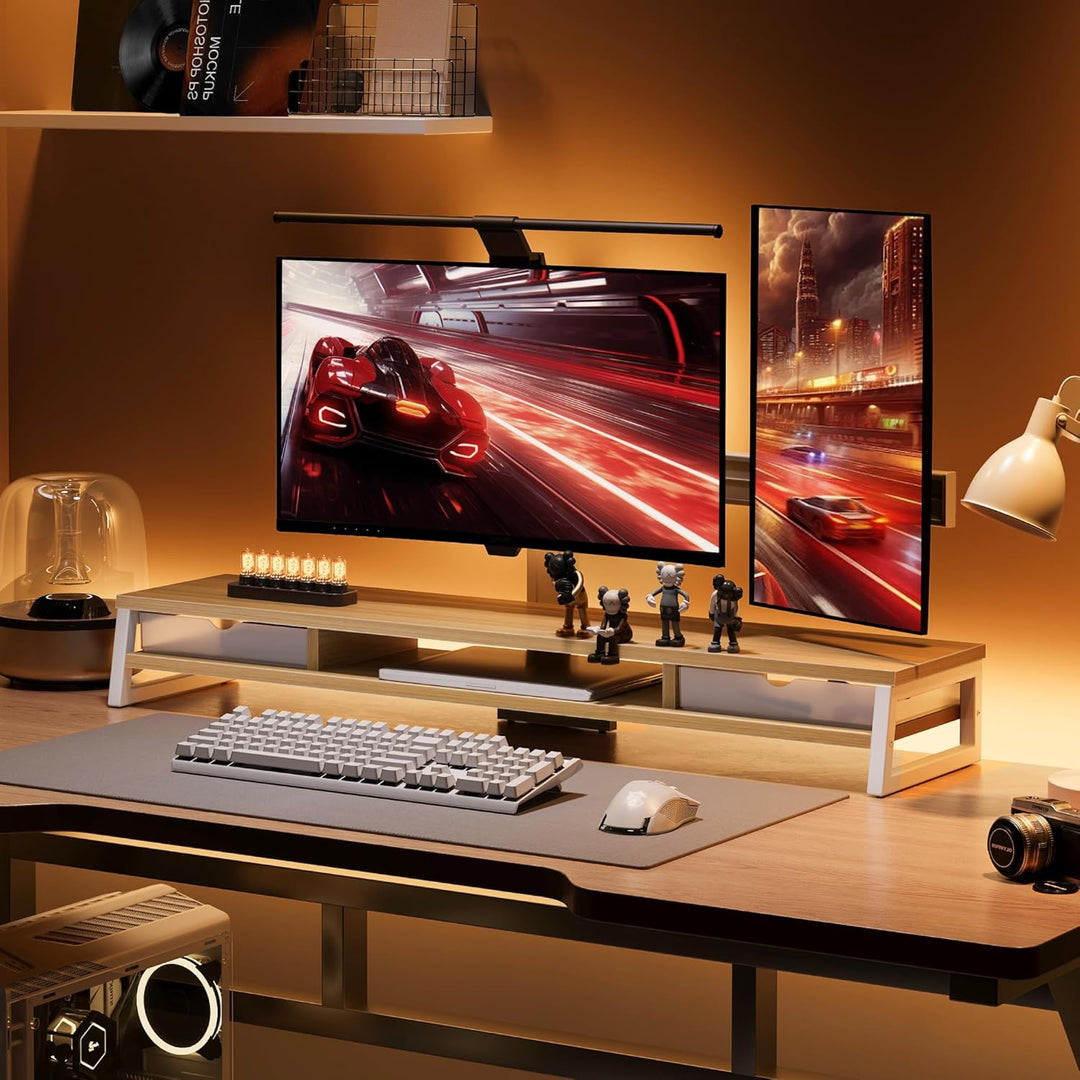 Fenge Dual Monitorständer Riser mit 2 Acryl Schubladen 2 Etagen 108cm Computer Bildschirmständer für