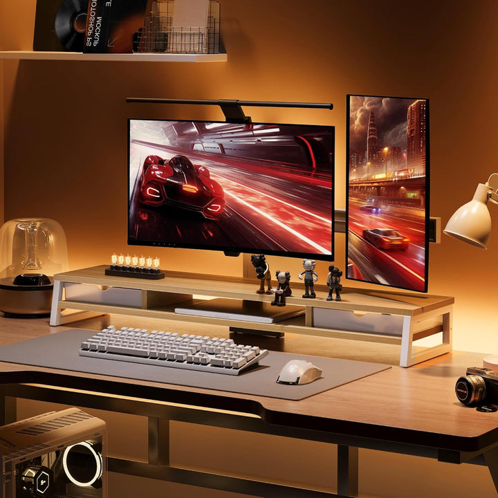 Fenge Dual Monitorständer Riser mit 2 Acryl Schubladen 2 Etagen 108cm Computer Bildschirmständer für