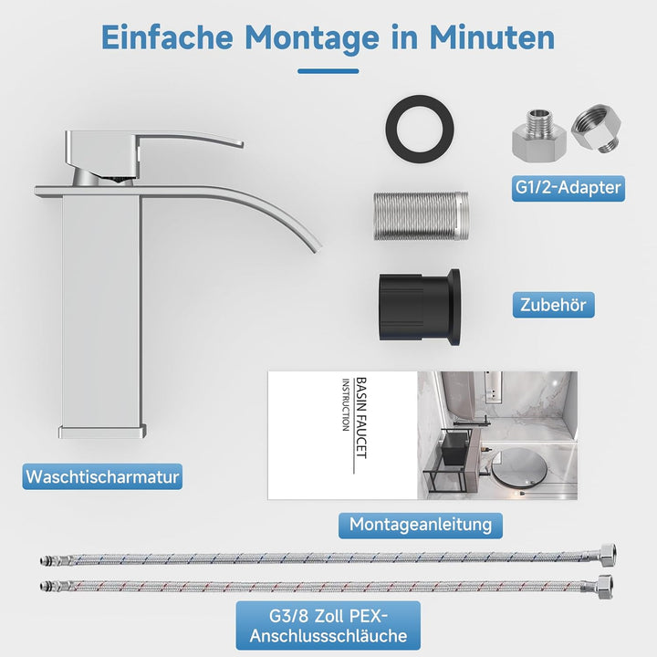Wasserhahn Bad Chrom, Wasserfall Wasserhahn Einhebelmischer Waschbecken, Einloch-Waschtischarmatur E
