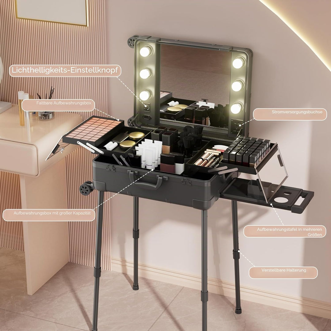 Make-up-Koffer mit Rollen aus Aluminium, grosser Spiegel mit 6 Glühbirnen, Organisation von Kosmetik