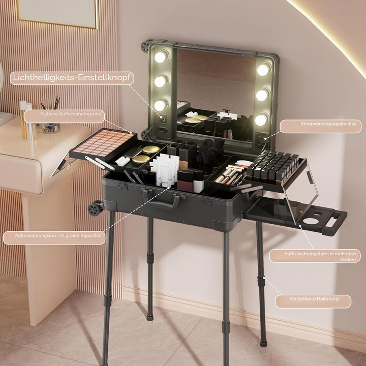 Make-up-Koffer mit Rollen aus Aluminium, grosser Spiegel mit 6 Glühbirnen, Organisation von Kosmetik