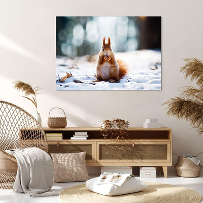 Bilder auf Leinwand 100x70cm Leinwandbild Eichhörnchen Winter Schnee Essen Gross Wanddeko Bild Schla