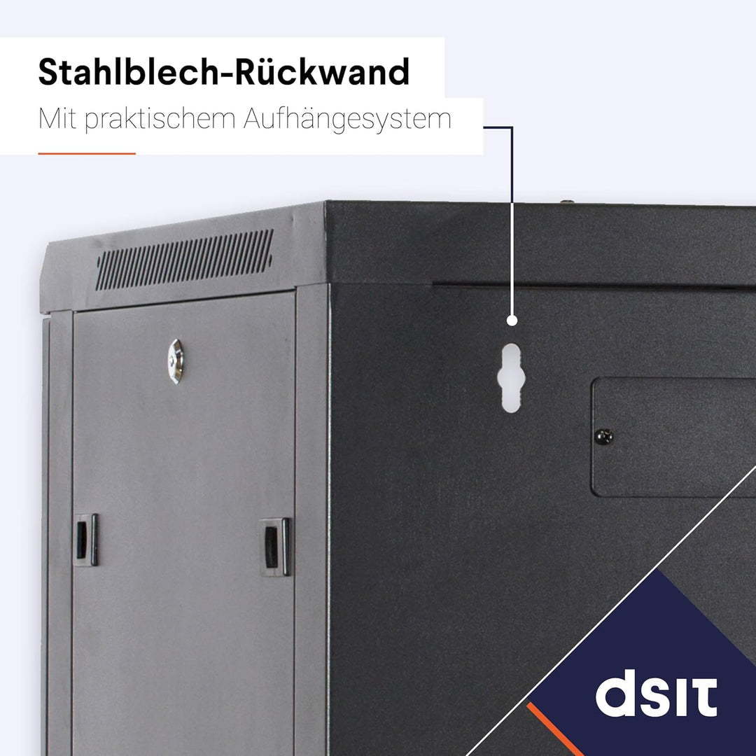 DSIT 9HE Netzwerkschrank (Serverschrank) 19 Zoll Wandmontage - mit Glastür (BxTxH) 600 x 450 x 500mm