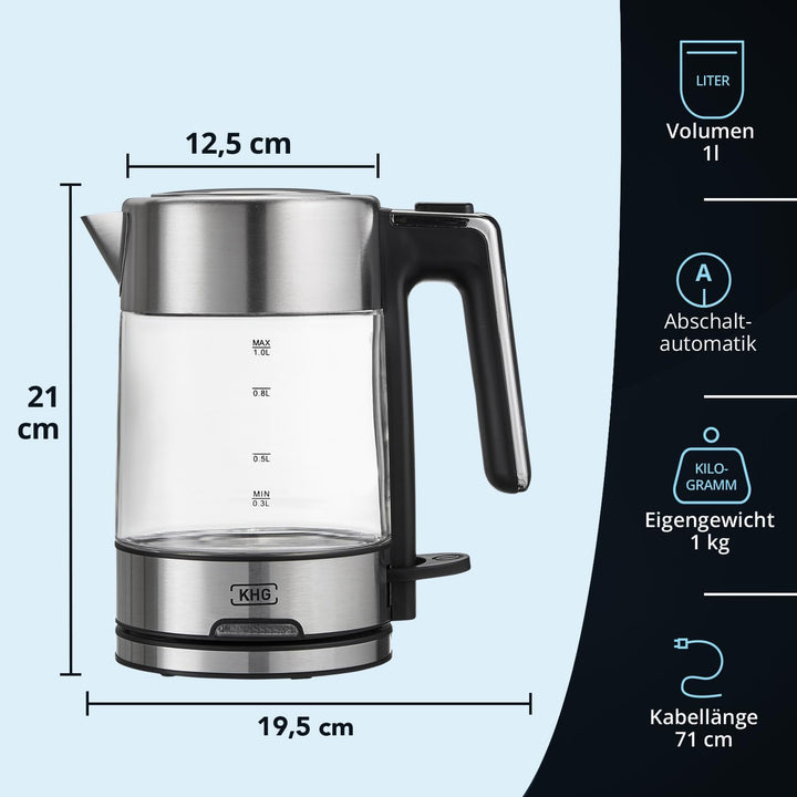 KHG Wasserkocher WK-106 GE Glas, 1 Liter, abwaschbarer Kalkfilter, Wasserstandsanzeige, Öffnen per K